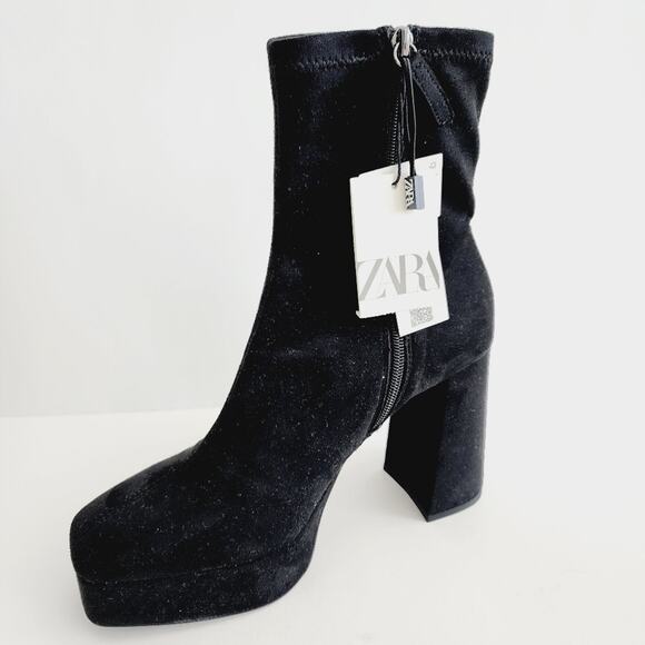 Zara Black Faux Suede Leather Chunky Platform Zip Up Ankle Boots Size 10 - Picture 2 of 9